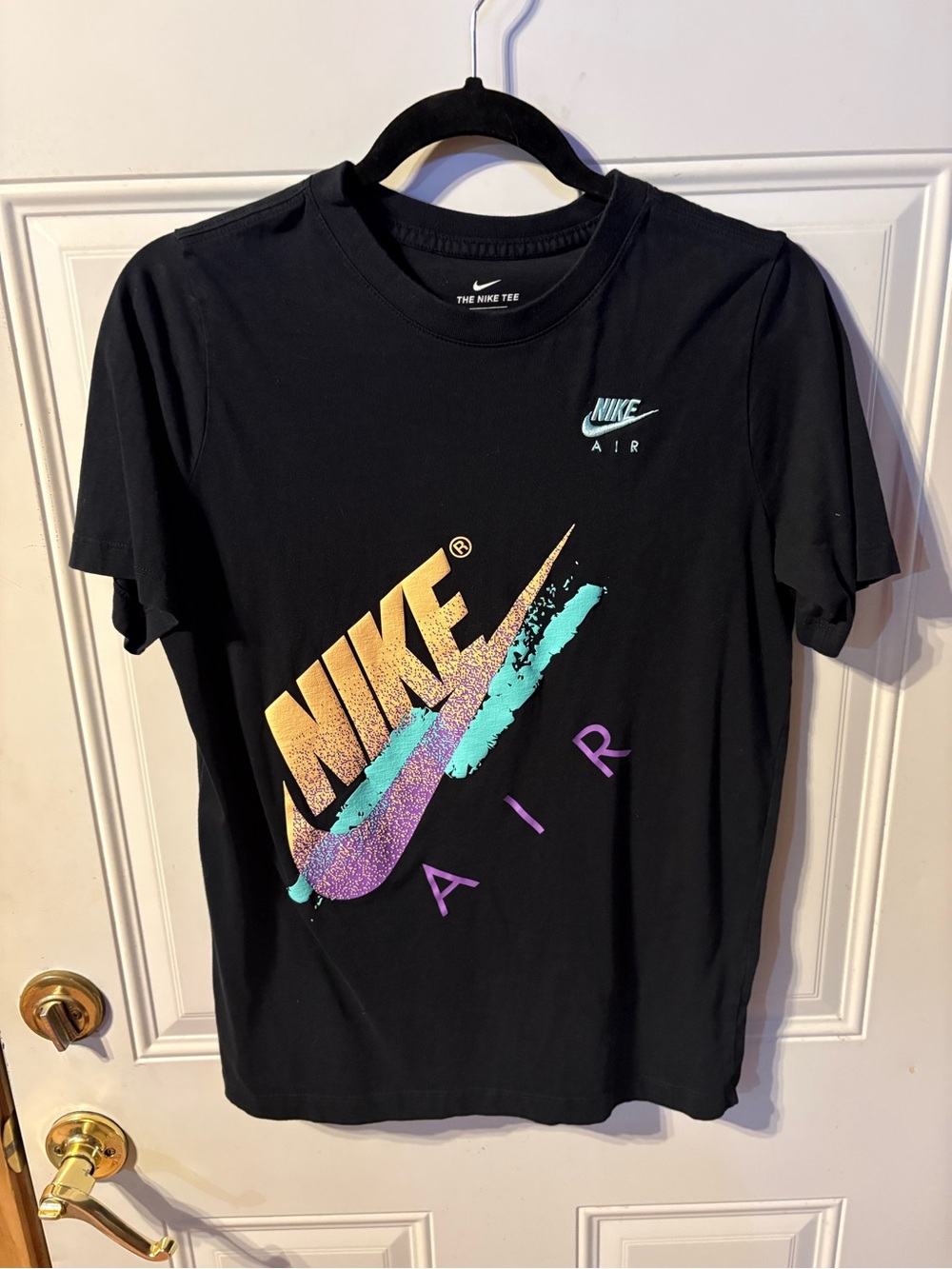 Nike Air Black Graphic T-Shirt Colorful Swoosh Under sized XL will fit Medium